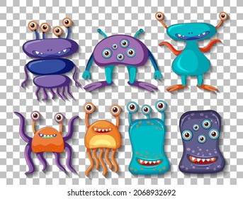 Different aliens or monster on transparent background illustration