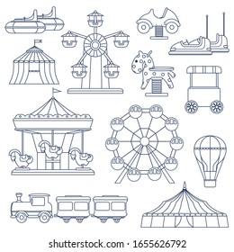 Different  amusement park elements in thin line style. Ferris wheel, tent, circus, carousel, attractions and etc.  Vector illustration on white background