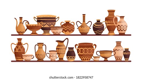 Different ancient greek ceramic dishware on shelves vector flat illustration. Clay pots, vases, amphoras, jars and bowls decorated by Hellenic ornaments isolated. Storage of archaeological artefacts