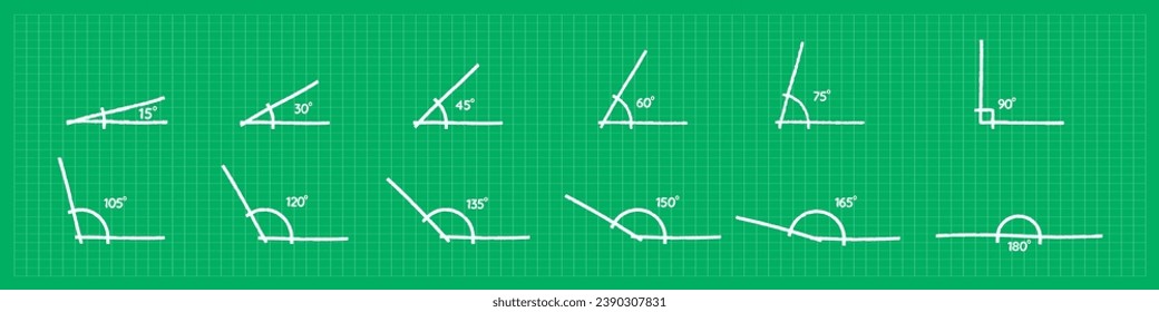 different angle degrees doodle vector illustration. obtuse acute mathematical 30, 45, 60, 90, 120, 180 degree triangle. measure and geometric math symbol collection set. Educational school learning