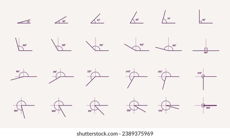 different angle degrees icon vector illustration. obtuse acute mathematical 30, 45, 60, 90, 120, 180 degree triangle. measure and geometric math symbol collection set. Educational school learning