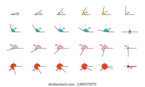 different angle degrees icon vector illustration. obtuse acute mathematical 30, 45, 60, 90, 120, 180 degree triangle. measure and geometric math symbol collection set. Educational school learning