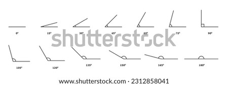 Different angle icons set vector illustration. Abstract math degree collection of geometric angles with 15 step, simple black line various signs for learning mathematics, geometry and trigonometry