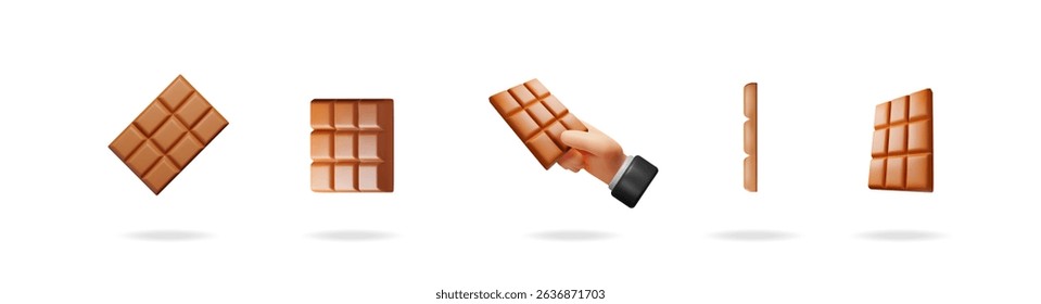 Different angles of a 3d chocolate bar and a hand holding it. Sweet dessert concept for snack food or baking ingredients.