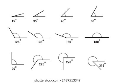 Diferentes ángulos grados conjunto de Plantilla. Medida y conjunto de colecciones de símbolos matemáticos geométricos. Aprendizaje escolar educativo. lección escolar de trigonometría