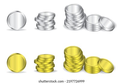 Different angles of shiny gold and silver coins isolated on white background in vector illustration