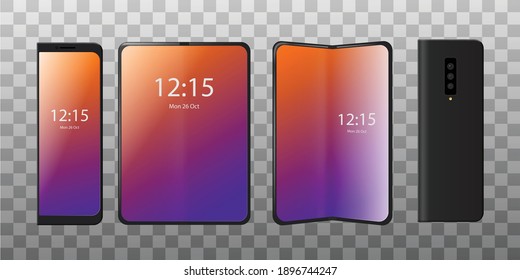 Different angles templates set of flexible phone with glowing screen. Phone with glossy touchscreen, realistic vector illustration isolated on transparent background.