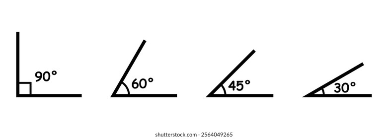 Different angles vector icon set. Geometric angle symbols for learning mathematics, geometry, and trigonometry. Abstract math degree collection with black line illustrations.