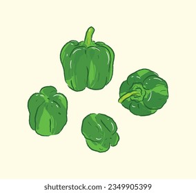 Different angles of whole raw green peppers in ingredients illustration