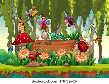 Different animal garden with timber in the garden background illustration
