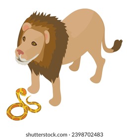 Different animal icon isometric vector. Tiger python near big adult lion icon. Biological diversity concept