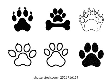 Different animal paw design vector illustration. dog, cat, bear and with bone