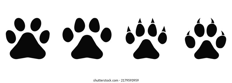 Different animal paw isolated on white background . Set of different animal paw print. Silhouette footprints dog and cat with claw. Vector illustration.