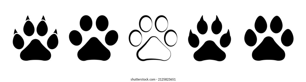 Different animal paw. Paw prints silhouette. Footprints dog and cat with claw. Imprint legs isolated on white background. Vector illustration.