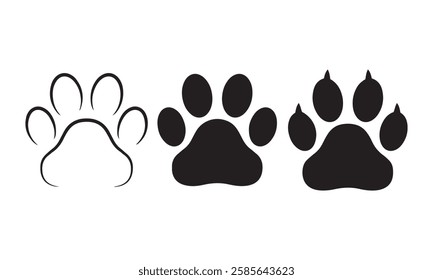 Different animal paw. Paw prints silhouette. Footprints dog and cat with claw. Imprint legs isolated on white background. Vector illustration.