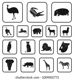 Different animals black icons in set collection for design. Bird, predator and herbivore vector symbol stock web illustration.