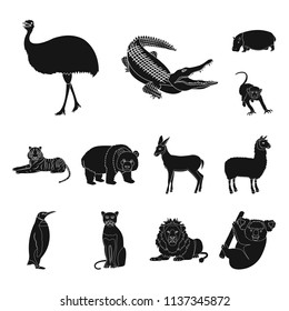 Different animals black icons in set collection for design. Bird, predator and herbivore vector symbol stock web illustration.