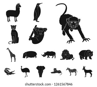 Different animals black icons in set collection for design. Bird, predator and herbivore vector symbol stock web illustration.