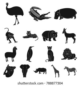 Different animals black icons in set collection for design. Bird, predator and herbivore vector symbol stock web illustration.