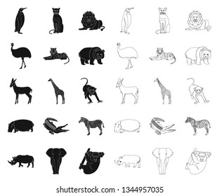 Different animals black,outline icons in set collection for design. Bird, predator and herbivore vector symbol stock web illustration.