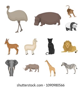 Different animals cartoon icons in set collection for design. Bird, predator and herbivore vector symbol stock web illustration.