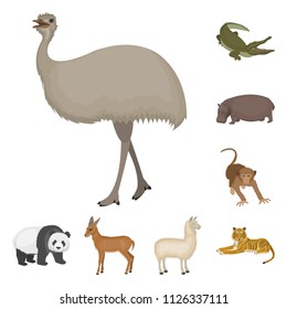 Different animals cartoon icons in set collection for design. Bird, predator and herbivore vector symbol stock web illustration.