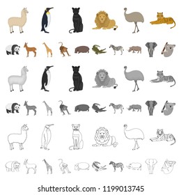 Different animals cartoon icons in set collection for design. Bird, predator and herbivore vector symbol stock web illustration.