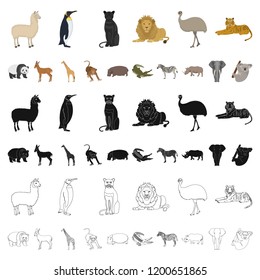 Different animals cartoon icons in set collection for design. Bird, predator and herbivore vector symbol stock web illustration.