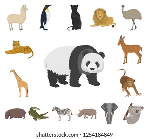 Different animals cartoon icons in set collection for design. Bird, predator and herbivore vector symbol stock web illustration.