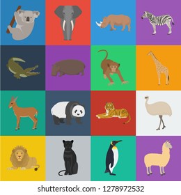 Different animals cartoon icons in set collection for design. Bird, predator and herbivore vector symbol stock web illustration.