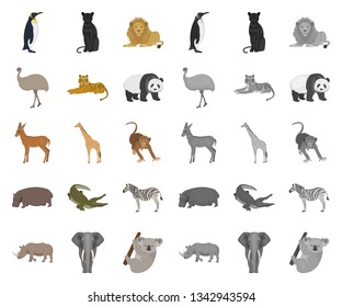 Different animals cartoon,mono icons in set collection for design. Bird, predator and herbivore vector symbol stock web illustration.