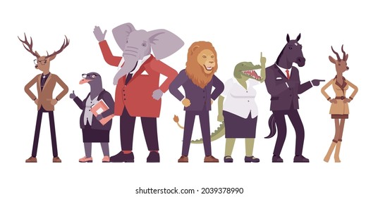 Different animals, deer, elephant, roe, gull bird, lion, crocodile, horse. Friendly group, kind pleasant creatures together, business beasts wearing formal human wear, standing. Vector illustration