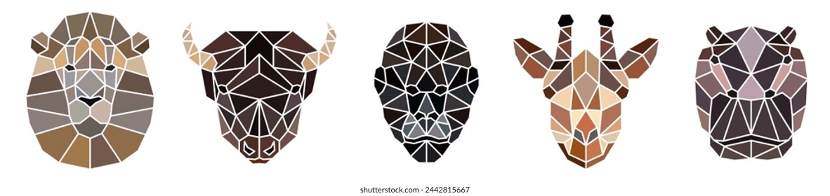 Different animals. Faces of animals in colored tones.  Animals are drawn with a polygon. EPS 10.