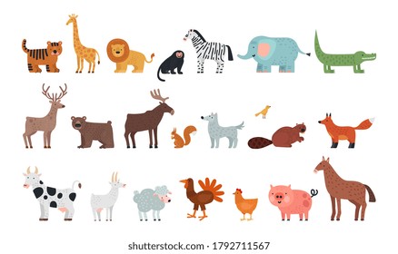 Different animals. Farm savanna forest fauna, isolated wildlife characters. Wolf tiger bear deer squirrel, fox and sheep vector illustration