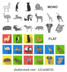 Different animals flat icons in set collection for design. Bird, predator and herbivore vector symbol stock web illustration.