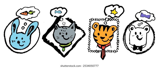 Different animals in frames, vector isolated, hand draw with texture, bunny, cat, tiger and bear and their wishes. Funny and stylish, nice colors.