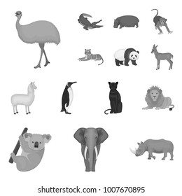 Different animals monochrome icons in set collection for design. Bird, predator and herbivore vector symbol stock web illustration.