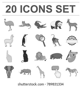 Different animals monochrome icons in set collection for design. Bird, predator and herbivore vector symbol stock web illustration.