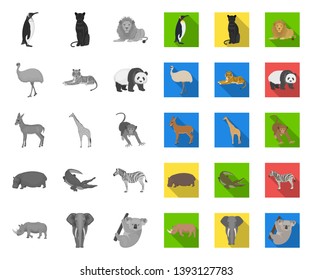 Different animals mono,flat icons in set collection for design. Bird, predator and herbivore vector symbol stock web illustration.