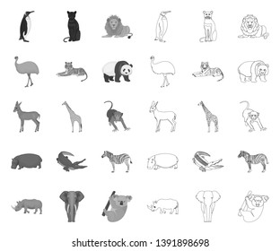 Different animals mono,outline icons in set collection for design. Bird, predator and herbivore vector symbol stock web illustration.