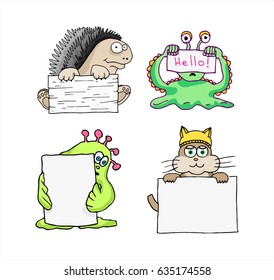 Different animals and monsters with Nameplates. Hand drawn illustration with place for your text