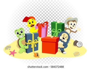 Different animals with multicolor gifts on island. Hedgehog duck turtle monkey. Transparent white background