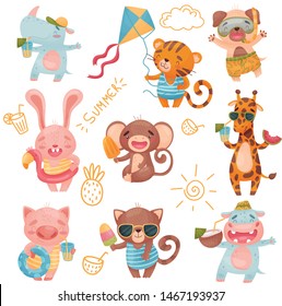 Different animals on summer holiday. Vector illustration on white background.