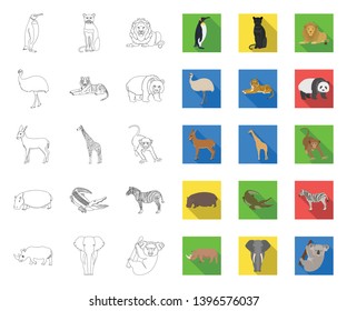 Different animals outline,flat icons in set collection  design. Bird, predator and herbivore vector symbol stock web illustration.