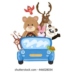 Different animals riding on a blue car