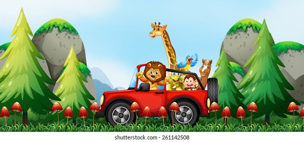 Different animals riding on a car in the park