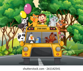 Different animals riding on a zoo bus