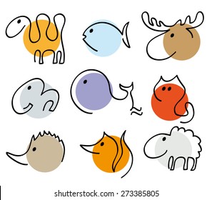 different animals silhouettes in one line, collection of simple recognizable vector illustration, camel, fish, elk, elephant,whale,cat,hedgehog,fox,sheep, isolated design elements, linear logo objects