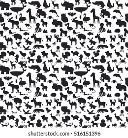 Different animals silhouettes seamless pattern. Cute background. Vector illustration