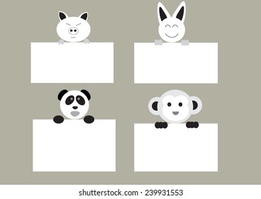 different animals standing with blank boards